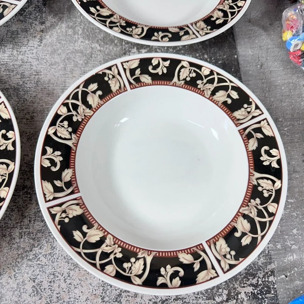 90's Sango SAVOY 8802 Royal Majestic Black Tan Stoneware‎ Rim Soup Bowls Set 4